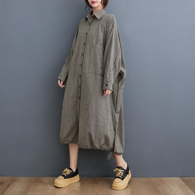 ellazhu Women's Casual Long Sleeve Button Down Loose Plaid Cotton Bat Sleeve Maxi Shirt Dress GA2710 Black White - Image 4