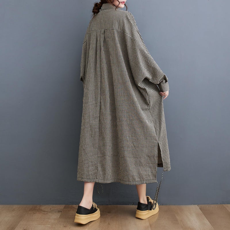 ellazhu Women's Casual Long Sleeve Button Down Loose Plaid Cotton Bat Sleeve Maxi Shirt Dress GA2710 Black White - Image 2
