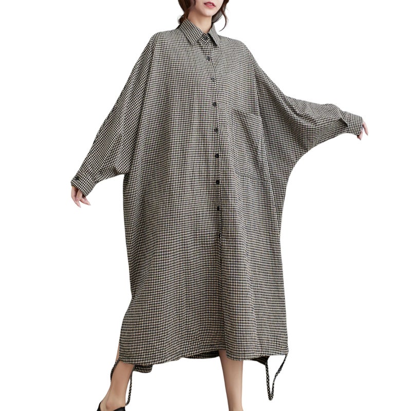 ellazhu Women's Casual Long Sleeve Button Down Loose Plaid Cotton Bat Sleeve Maxi Shirt Dress GA2710 Black White - Image 1