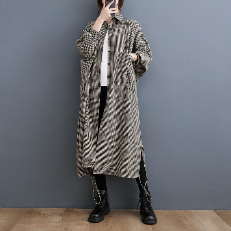 ellazhu Women's Casual Long Sleeve Button Down Loose Plaid Cotton Bat Sleeve Maxi Shirt Dress GA2710 Black White - Image 3