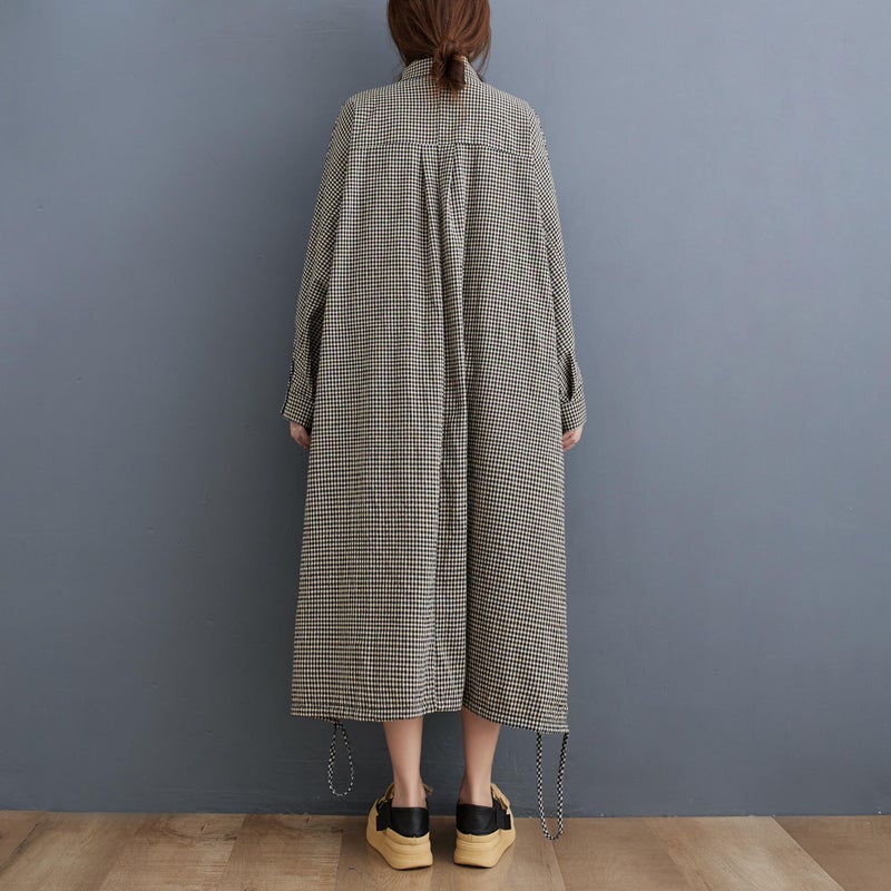 ellazhu Women's Casual Long Sleeve Button Down Loose Plaid Cotton Bat Sleeve Maxi Shirt Dress GA2710 Black White - Image 5