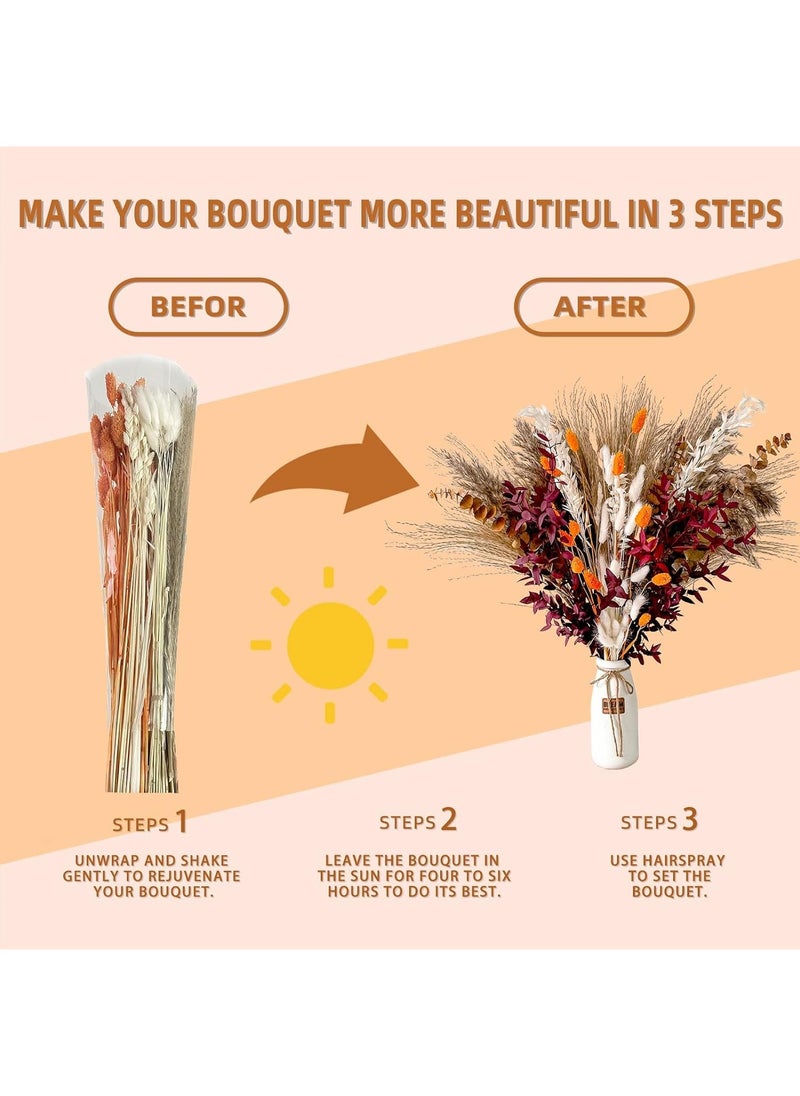 Excefore Natural Dried Pampas Grass, Boho Decor Fluffy White Pompous Grass Large Reed Bunny Tail Wheat Stalk Decorative Plumes Italian Ruscus Solidago Goldenrod Flower Bouquet  - Image 4