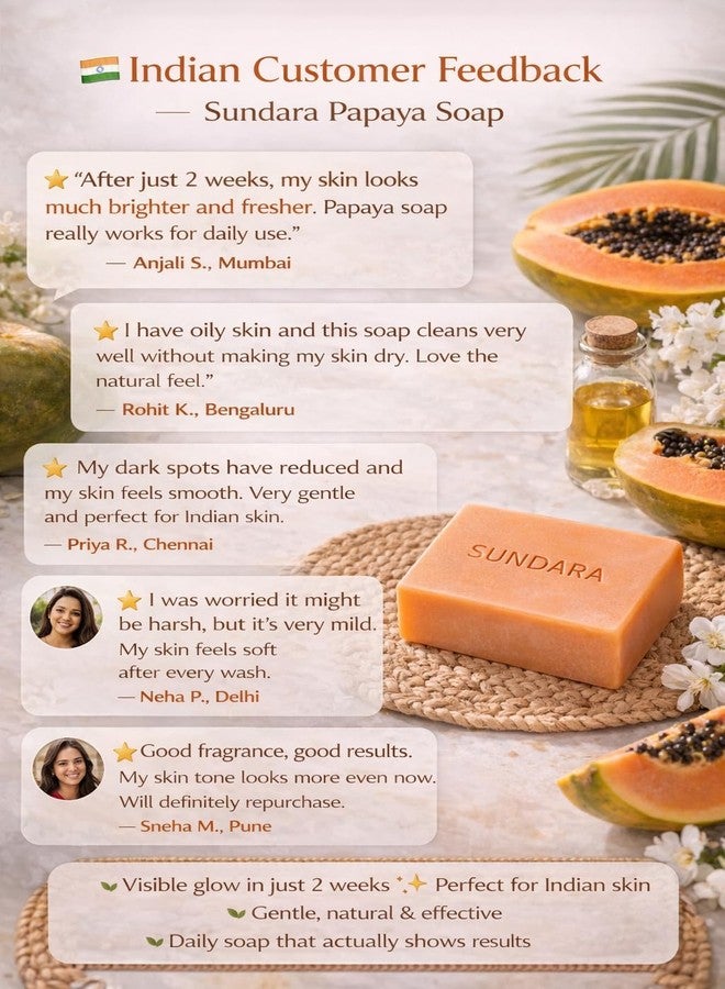 SUNDARA Papaya Soap, Cold Process Handmade Herbal Bars for Glowing and Fresh Skin, No Harsh Chemicals, Pack of 3 - Image 5