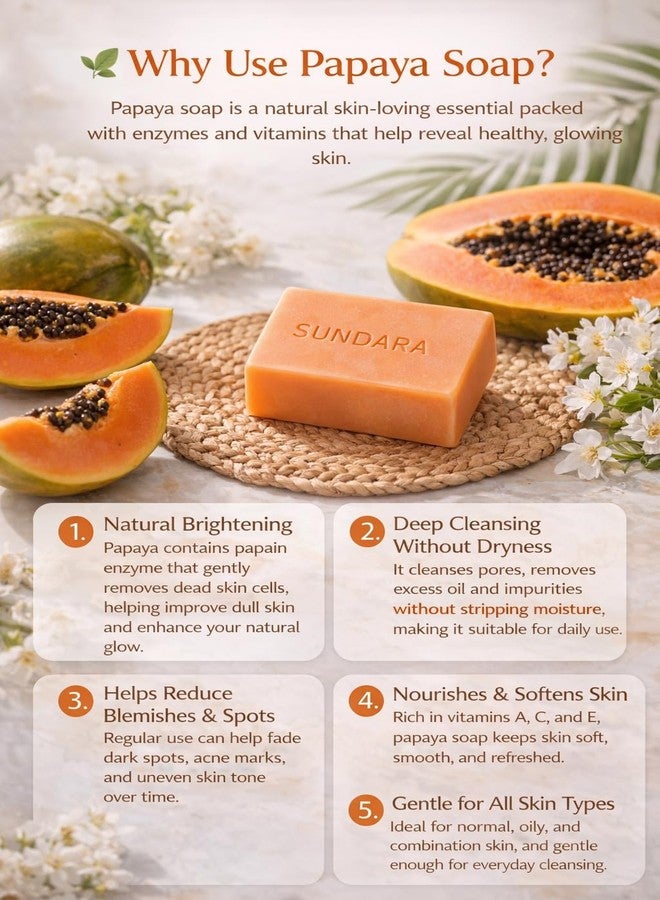 SUNDARA Papaya Soap, Cold Process Handmade Herbal Bars for Glowing and Fresh Skin, No Harsh Chemicals, Pack of 3 - Image 3