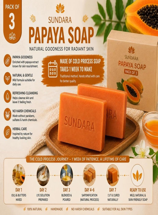 SUNDARA Papaya Soap, Cold Process Handmade Herbal Bars for Glowing and Fresh Skin, No Harsh Chemicals, Pack of 3 - Image 2