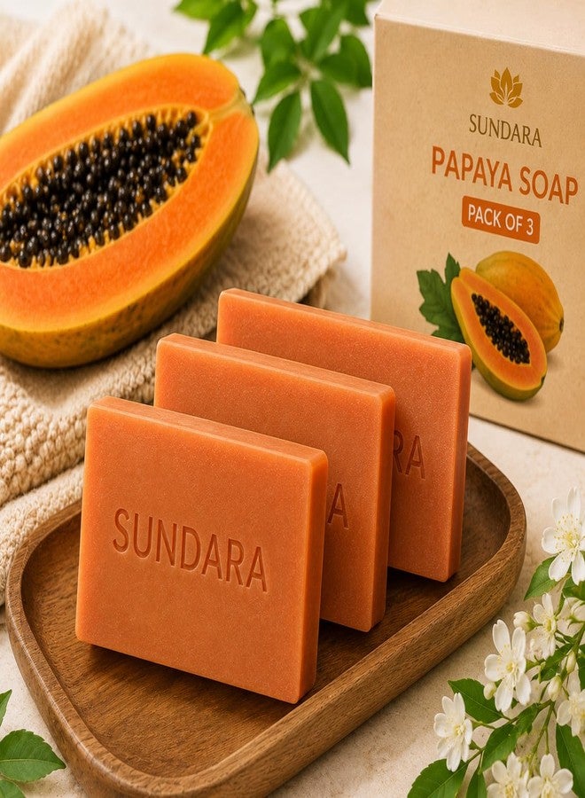 SUNDARA Papaya Soap, Cold Process Handmade Herbal Bars for Glowing and Fresh Skin, No Harsh Chemicals, Pack of 3 - Image 1