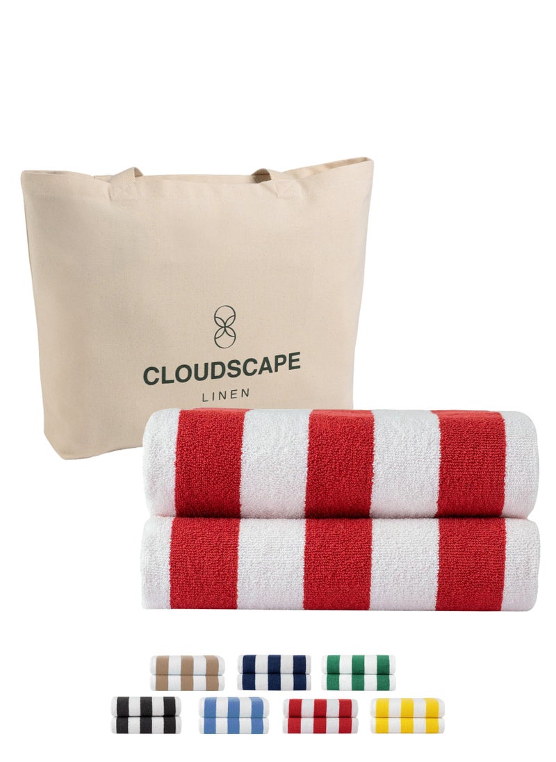 Cloud Scape Linen Cabana Stripe Beach Towel Set Pack of 2, Oversized Soft Cotton Towel, Perfect for Beach ,30x60, Red  - Image 1