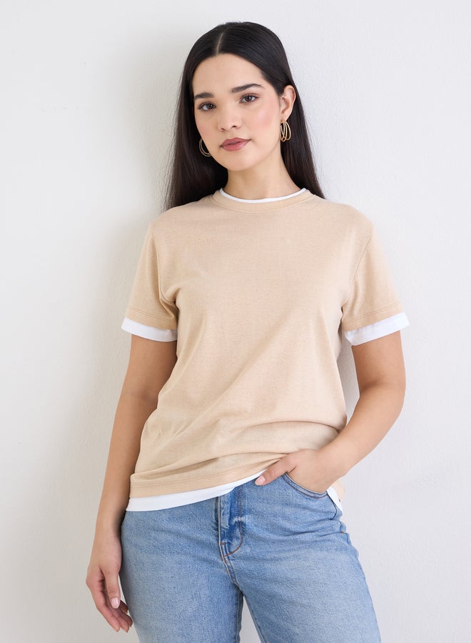 Styli Beige Regular Fit Cotton Ringer T-Shirt - Image 1