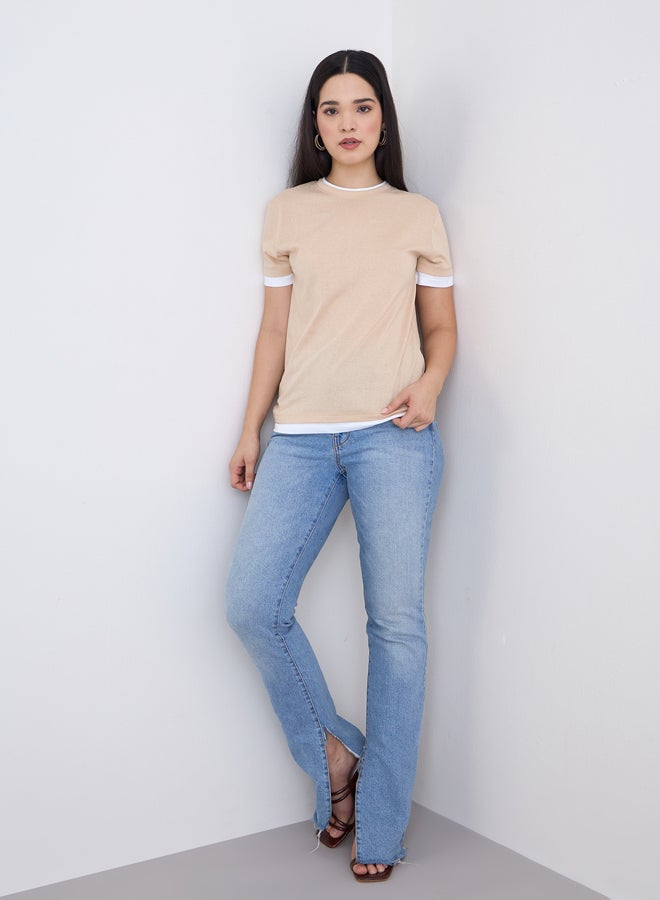 Styli Beige Regular Fit Cotton Ringer T-Shirt - Image 2