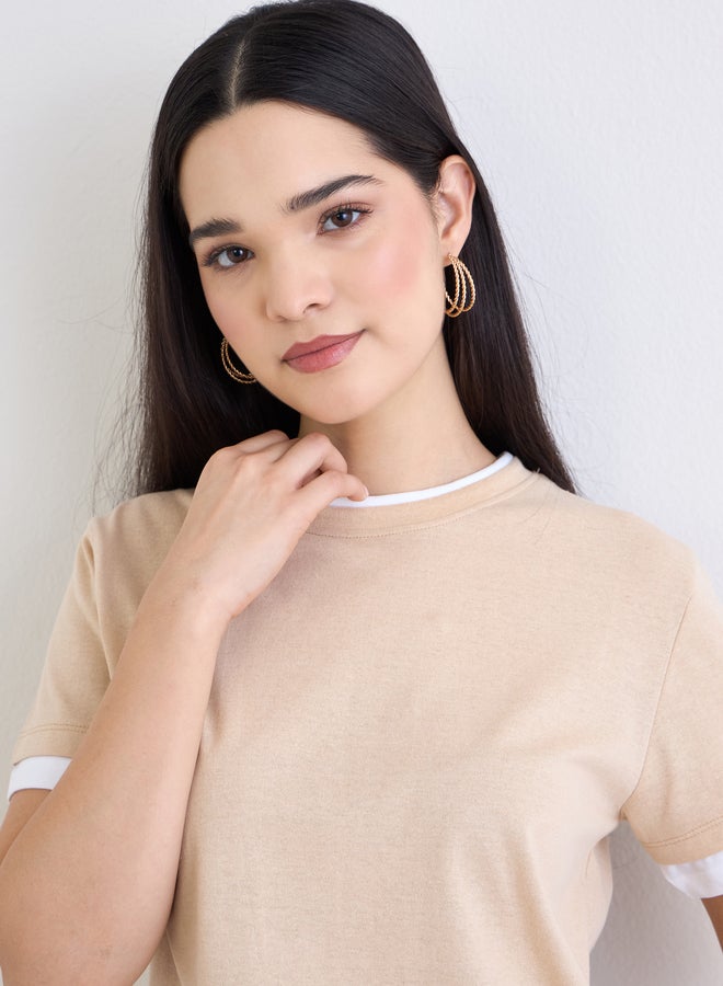 Styli Beige Regular Fit Cotton Ringer T-Shirt - Image 3