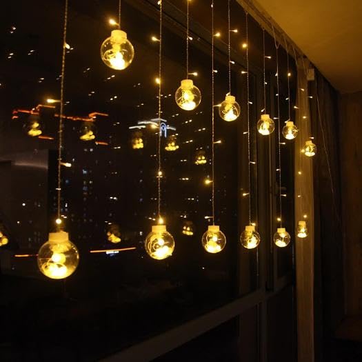 Chronos Wish Ball Curtain Lights 12 Wish Balls Window Curtain Hanging Light with 8 Flashing Modes Decoration for Diwali Christmas Wedding Party Home Warm White LED - Image 1
