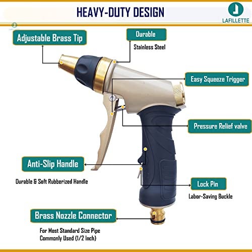 LAFILLETTE Multi-Functional Garden Hose Nozzle Sprayer with Full Brass Nozzle for Lawn, Gardening, Car Washing, Watering Plants (Gold) - Image 3