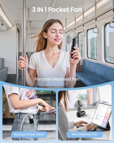 GAIATOP Portable Handheld Fan, 3 IN 1 Mini Foldable Travel Fans [17H Max Cooling Time] with Power Bank, Pocket Design USB Rechargeable for Travel Concert Lash Makeup, Summer Gifts for Women Girl Black - Image 5
