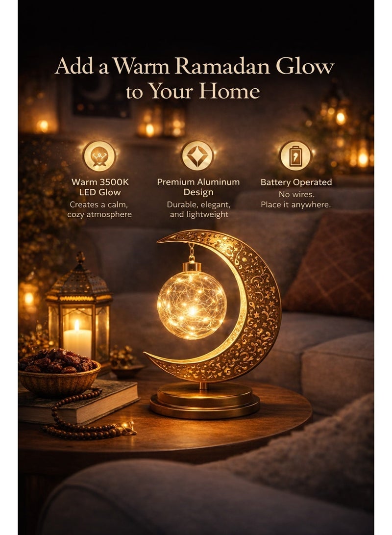 أولودينيز  مصباح هلال رمضان مجوف بإضاءة LED مع قاعدة كروية – مصباح طاولة ديكوري بطابع إسلامي، إضاءة بيضاء دافئة 3500 كلفن، مصنوع من سبائك الألمنيوم، يعمل بالبطارية. - Image 2