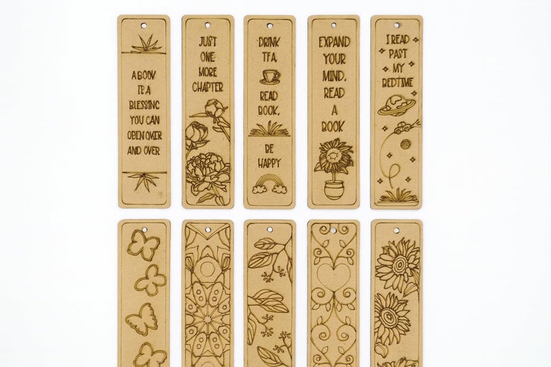 GENXTRA Engraved Wooden Bookmarks – Set of 10 | 5 x 1.5 Inch Laser Cut MDF Bookmarks with Inspirational Quotes & Decorative Designs – Ideal for Book Lovers, Students, Gifting, DIY Painting - Image 1
