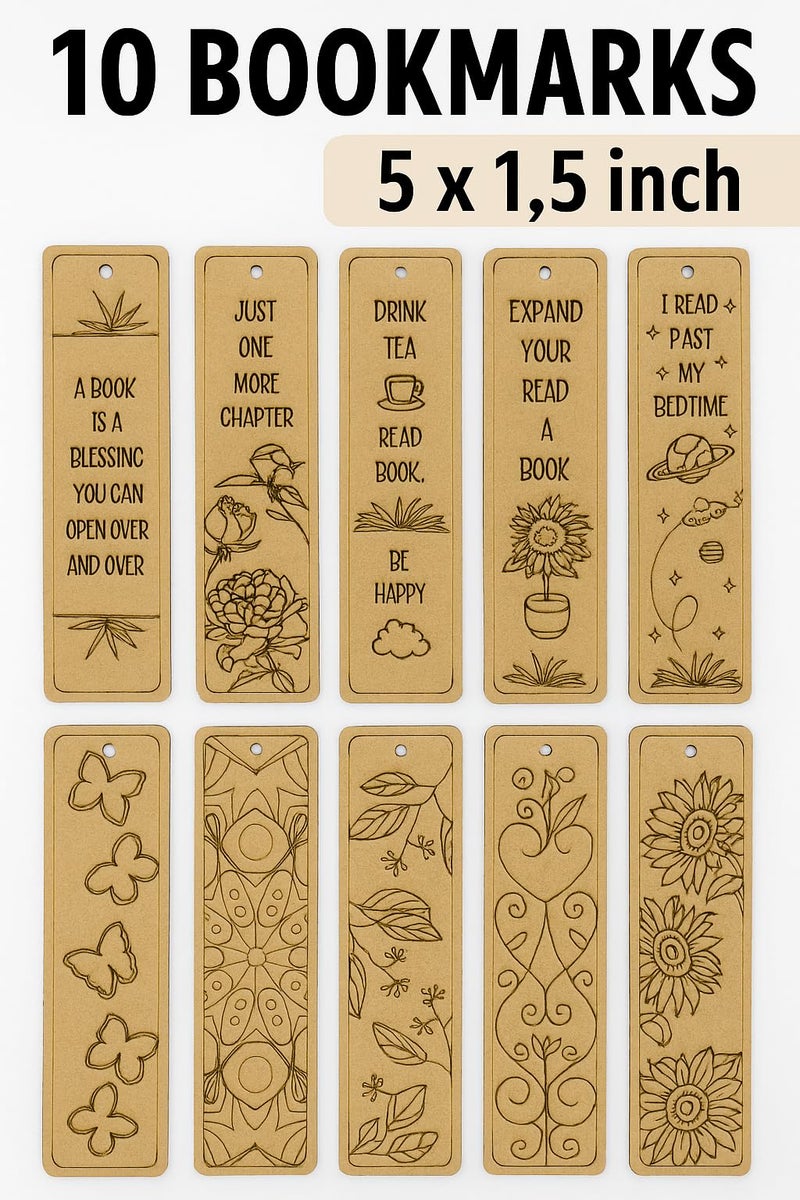 GENXTRA Engraved Wooden Bookmarks – Set of 10 | 5 x 1.5 Inch Laser Cut MDF Bookmarks with Inspirational Quotes & Decorative Designs – Ideal for Book Lovers, Students, Gifting, DIY Painting - Image 2