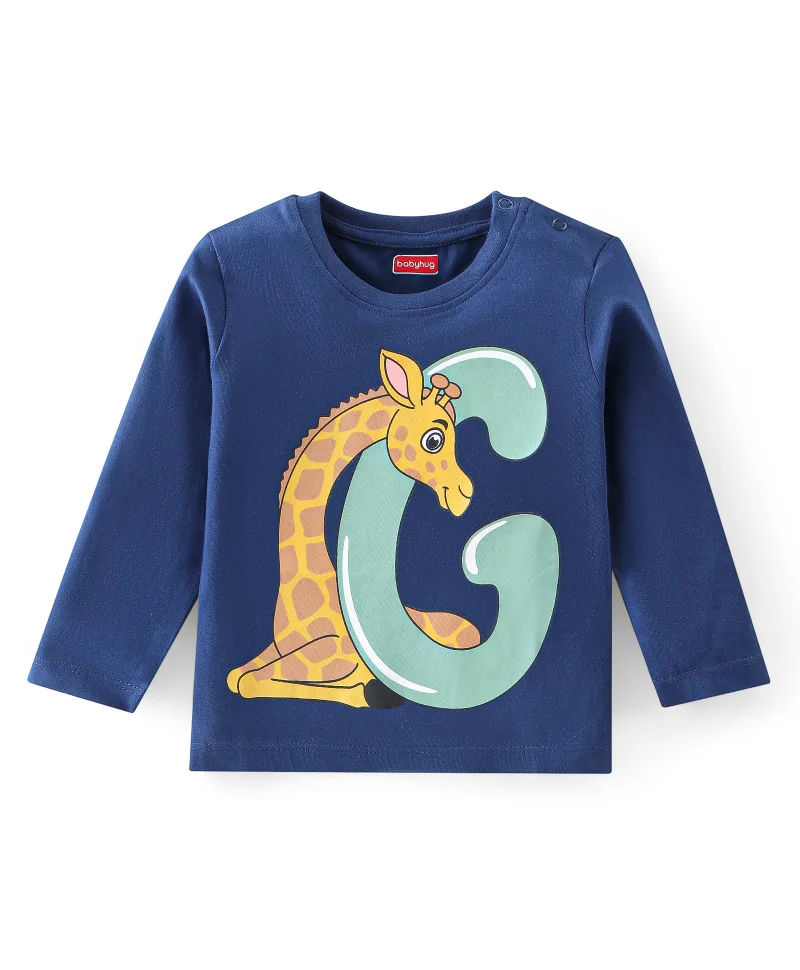 babyhug Babyhug 100% Cotton Knit Full Sleeves T-Shirt Giraffe Print - Navy Blue