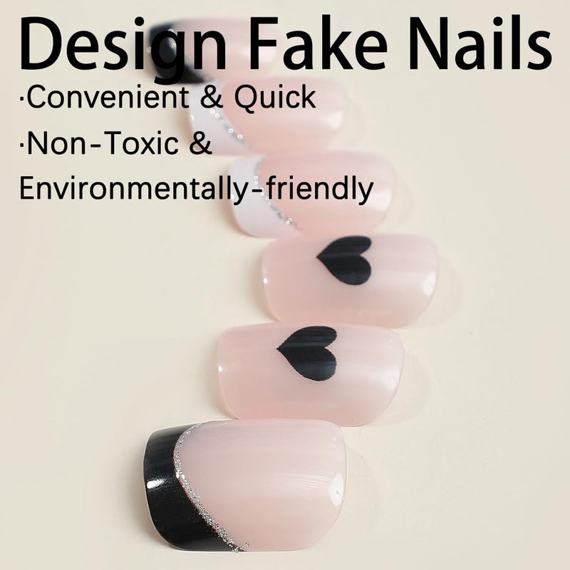 BSBTBZ Black French Tip Press on Nails Short Square Heart Fake Nails with Silver Glitter Line Designs Glossy Coffin Nails Full Cover Acrylic Nails Reusable Stick on Nails for Women Valentines Manicure Decor - Image 3