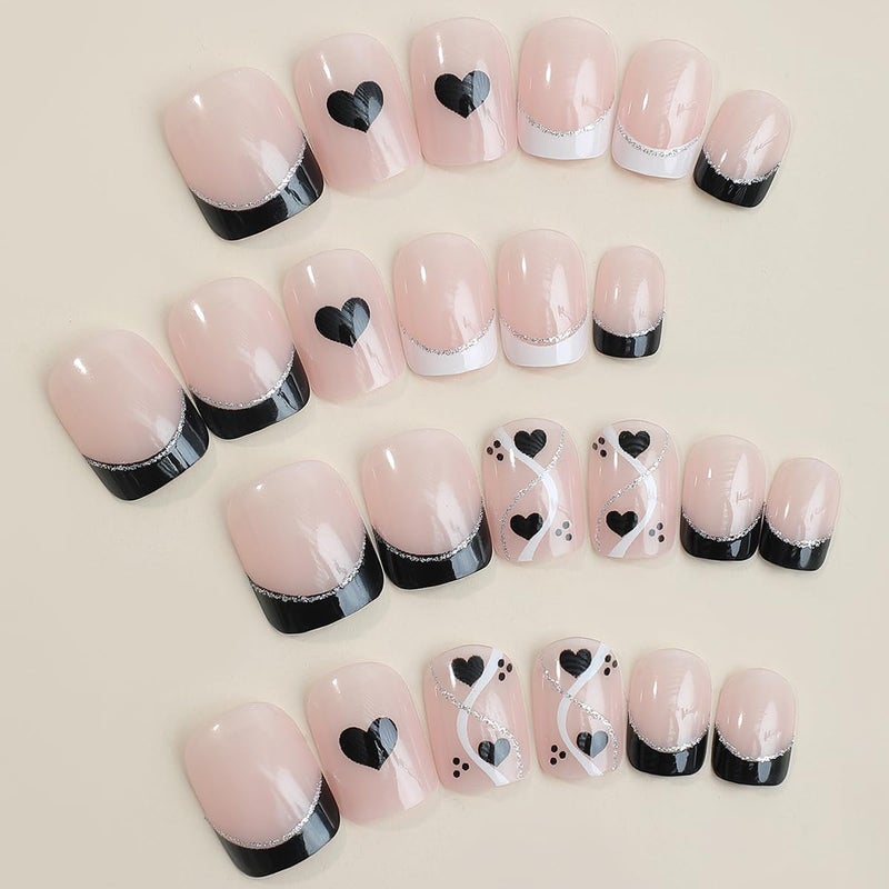 BSBTBZ Black French Tip Press on Nails Short Square Heart Fake Nails with Silver Glitter Line Designs Glossy Coffin Nails Full Cover Acrylic Nails Reusable Stick on Nails for Women Valentines Manicure Decor - Image 2