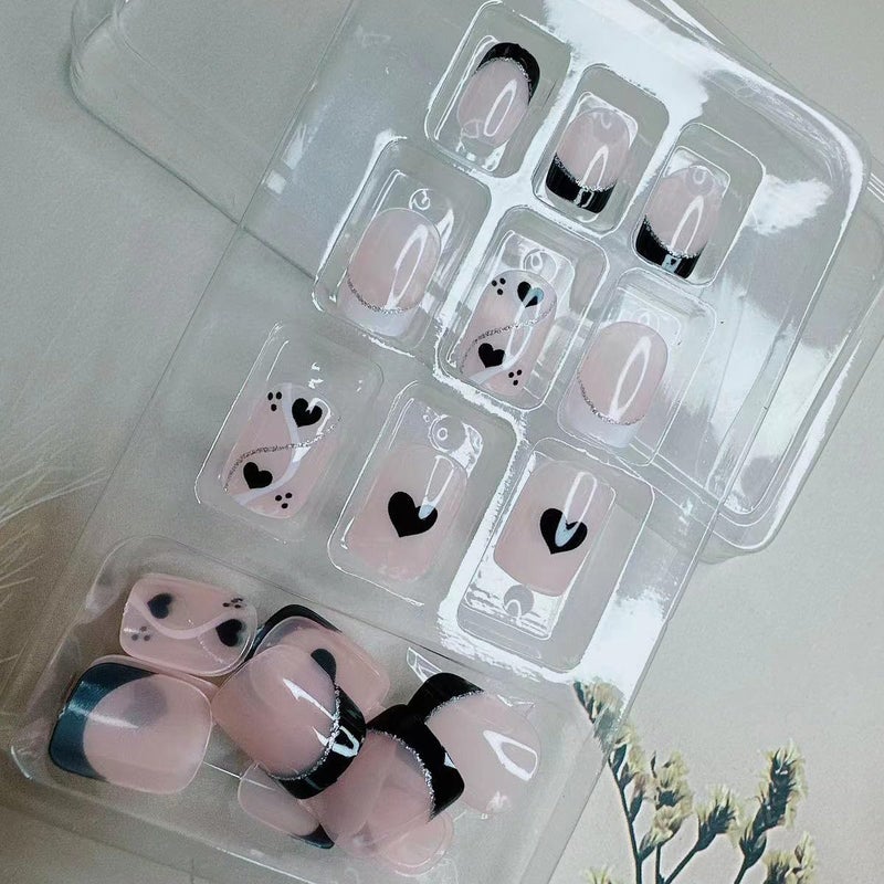 BSBTBZ Black French Tip Press on Nails Short Square Heart Fake Nails with Silver Glitter Line Designs Glossy Coffin Nails Full Cover Acrylic Nails Reusable Stick on Nails for Women Valentines Manicure Decor - Image 5