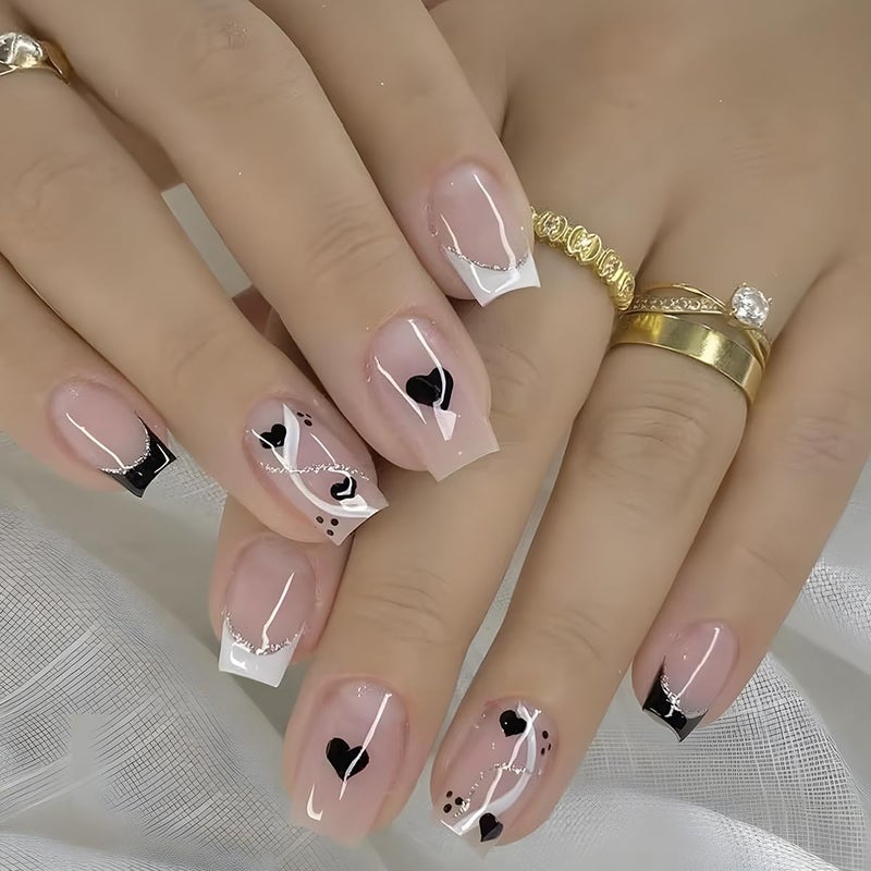 BSBTBZ Black French Tip Press on Nails Short Square Heart Fake Nails with Silver Glitter Line Designs Glossy Coffin Nails Full Cover Acrylic Nails Reusable Stick on Nails for Women Valentines Manicure Decor - Image 1