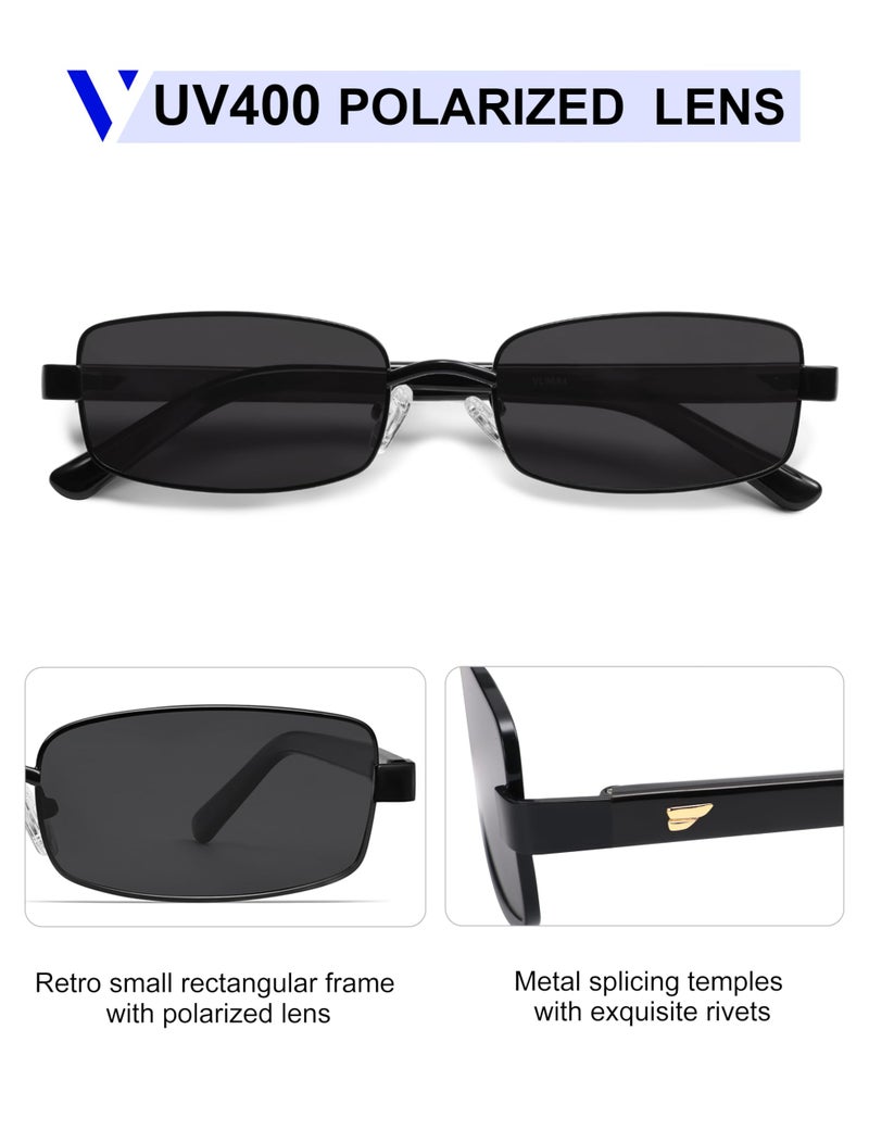 VANLINKER Retro Rectangle Polarized Sunglasses for Women Men Small 90s Vintage Trendy Slim Narrow Rectangular Frame Metal Sun Glass VL9684, Black/Grey - Image 3