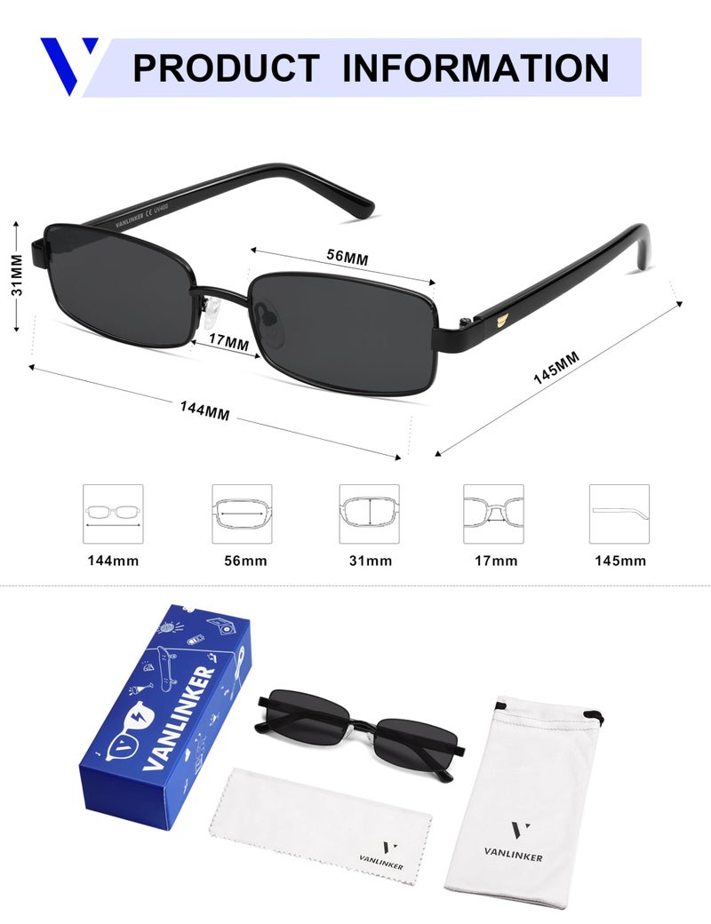 VANLINKER Retro Rectangle Polarized Sunglasses for Women Men Small 90s Vintage Trendy Slim Narrow Rectangular Frame Metal Sun Glass VL9684, Black/Grey - Image 4