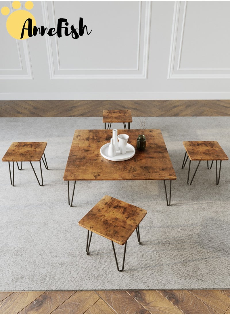 AnneFish 5pcs Floor Coffee Table Set Low Square Home Nesting Friends Gathering Table Set Of 5 Side Table For Living Room  - Image 2