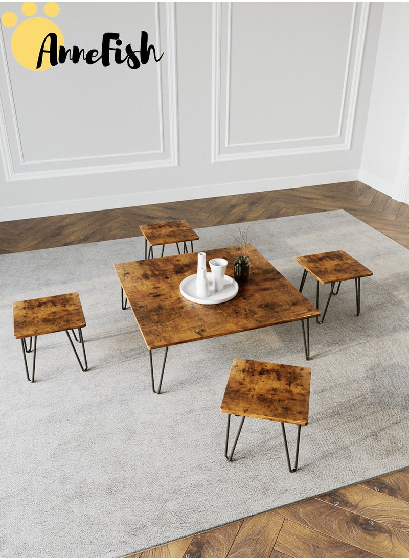 AnneFish - 5pcs Floor Coffee Table Set Low Square Home Nesting Friends Gathering Table Set Of 5 Side Table For Living Room - Image 1