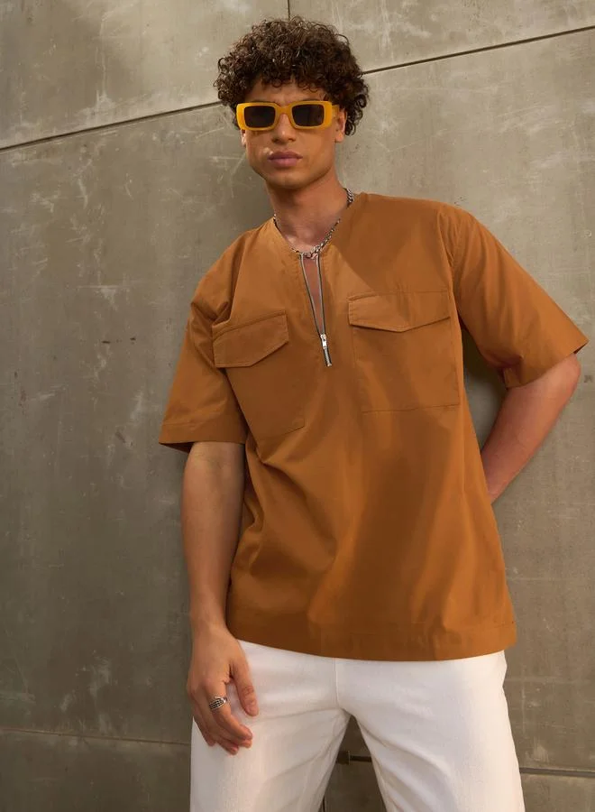 SASSAFRAS SASSAFRAS Brown Poplin Front Zipper Relax Fit Shirt