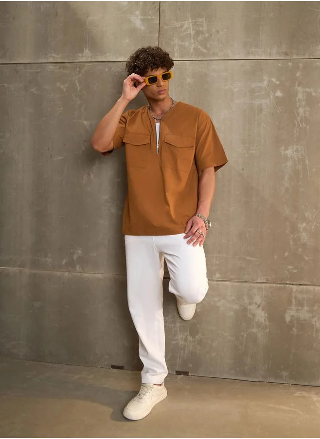 SASSAFRAS Sassafras Brown Poplin Front Zipper Relax Fit Shirt