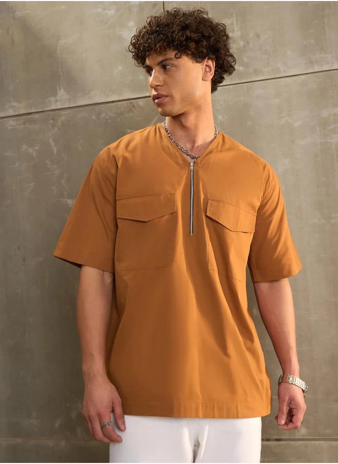 SASSAFRAS Sassafras Brown Poplin Front Zipper Relax Fit Shirt