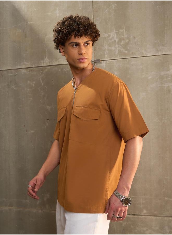 SASSAFRAS Sassafras Brown Poplin Front Zipper Relax Fit Shirt  - Image 3