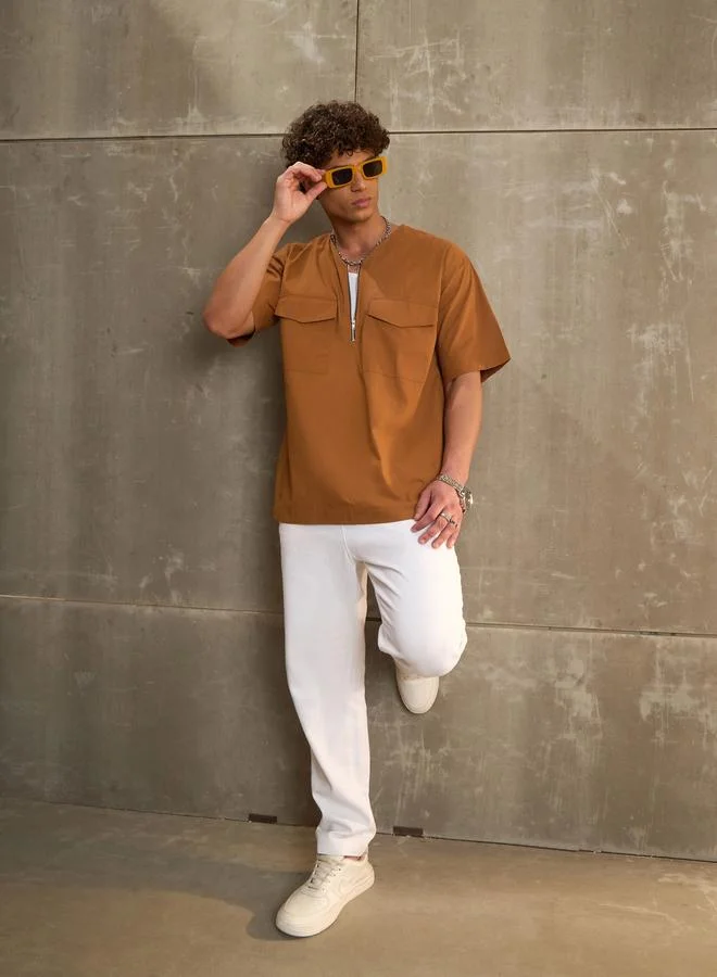 SASSAFRAS Brown Poplin Front Zipper Relax Fit Shirt