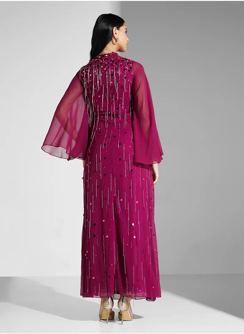 Amelia Rose Embellished Flared Sleeve Dress