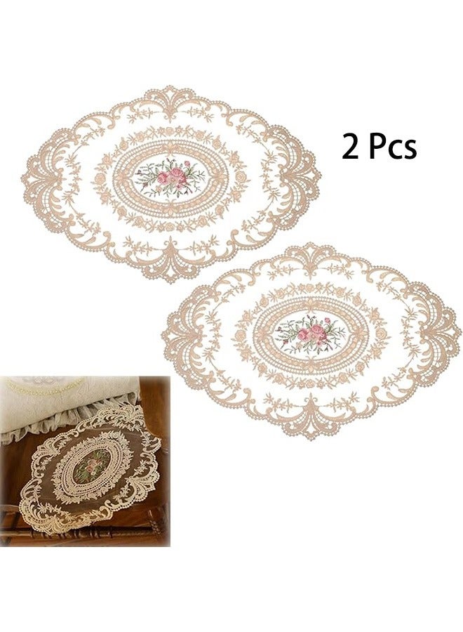 2 Pcs Retro Lace Placemats, French Crochet Doilies, Handmade Embroidered Table Mats, Beige Cup Mats, Elegant Dining Accessories, 12.6 x17 Inch, Rustic Home Decoration  - Image 1