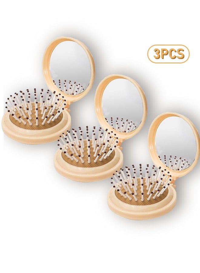 3 Pack Foldable Travel Hair Brush with Compact Mirror, Folding Pocket Hairbrush for Women Men Purse, Portable Mini Air Cushion Hair Comb for Detangling Massage Fine Thick Curly Hair - Image 1