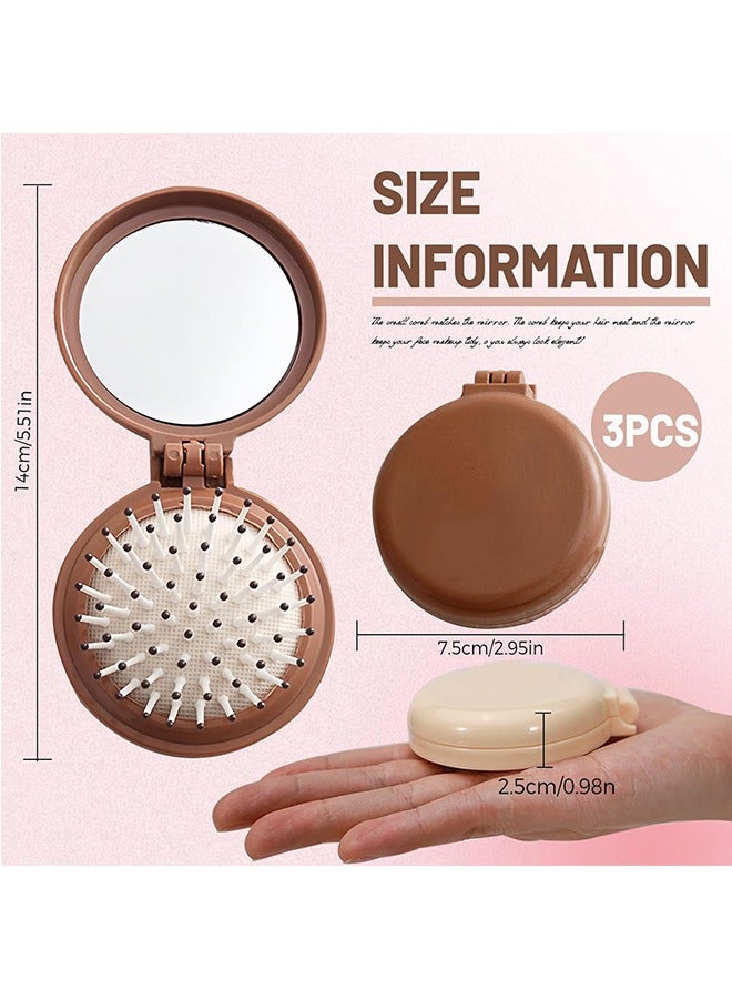 3 Pack Foldable Travel Hair Brush with Compact Mirror, Folding Pocket Hairbrush for Women Men Purse, Portable Mini Air Cushion Hair Comb for Detangling Massage Fine Thick Curly Hair - Image 2