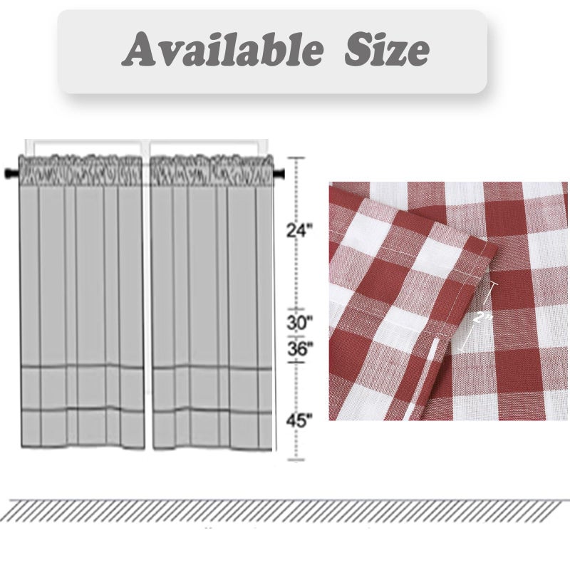 Amzdecor Buffalo Check Tier Curtains for Kitchen, Thick Yarn Dyed Buffalo Plaid Gingham Rod Pocket Cafe Bathroom Curtains, Short Kitchen Window Drapes, 28" W x 24" L, Burgundy Red/White, Set of 2 - Image 5