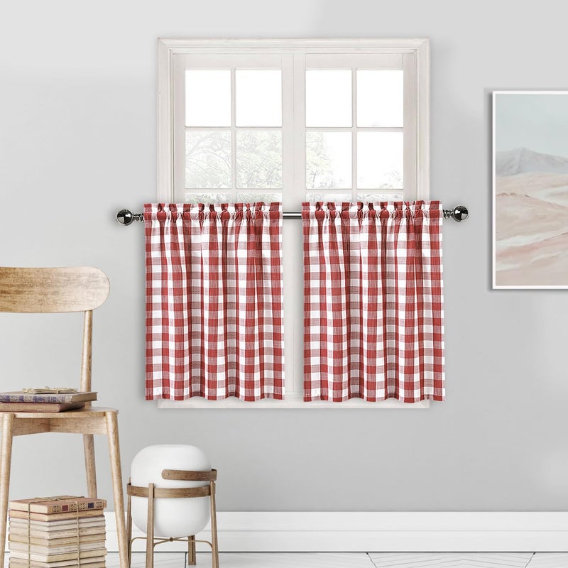 Amzdecor Buffalo Check Tier Curtains for Kitchen, Thick Yarn Dyed Buffalo Plaid Gingham Rod Pocket Cafe Bathroom Curtains, Short Kitchen Window Drapes, 28" W x 24" L, Burgundy Red/White, Set of 2 - Image 1