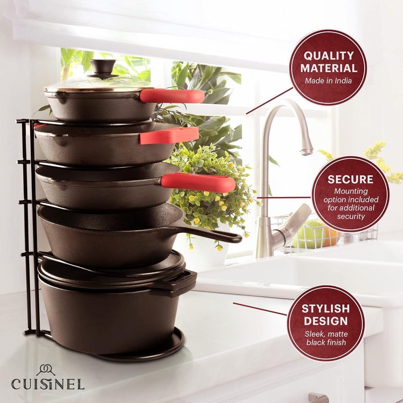 Cuisinel Heavy Duty Pan Organizer - Extra Large 5-Tier Rack - For Cast Iron Skillets, Dutch Oven, Griddles - Durable Steel Construction - Space Saving Kitchen Storage - No Assembly Required - Blue 15" - Image 5