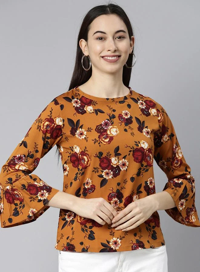 Take Two  Brown Floral Georgette Bell Sleeve Top - Casual Round Neck By  AHIKA for Women | Best Price UAE