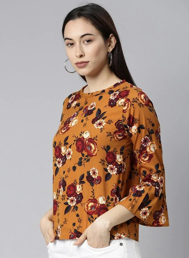 Take Two  Brown Floral Georgette Bell Sleeve Top - Casual Round Neck By  AHIKA for Women | Best Price UAE