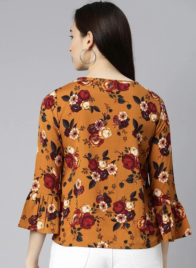 Take Two  Brown Floral Georgette Bell Sleeve Top - Casual Round Neck By  AHIKA for Women | Best Price UAE