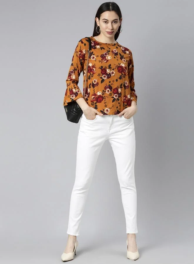 Brown Floral Georgette Bell Sleeve Top - Casual Round Neck By  AHIKA