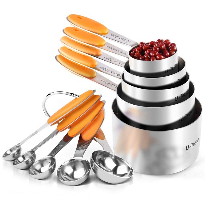 MEASURING CUPS 188 STAINLESS STEEL MEASURING CUPS AND SPOONS SET OF 10 PIECE UPGRADED THICKNESS HANDLEORANGE