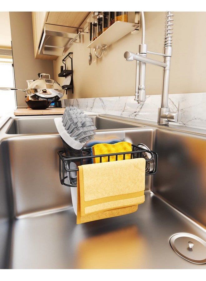 HapiRm 4 in 1 Adhesive Sponge Holder Sink Caddy, SUS304 Stainless Steel Brush Holder + Dish Cloth Hanger + Soap Rack + Sink Stopper Rack, No Drill Kitchen Sponge Caddy - Black - Image 2