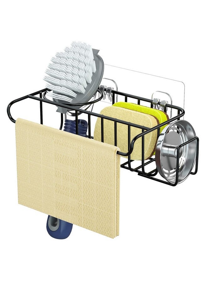 HapiRm 4 in 1 Adhesive Sponge Holder Sink Caddy, SUS304 Stainless Steel Brush Holder + Dish Cloth Hanger + Soap Rack + Sink Stopper Rack, No Drill Kitchen Sponge Caddy - Black - Image 1