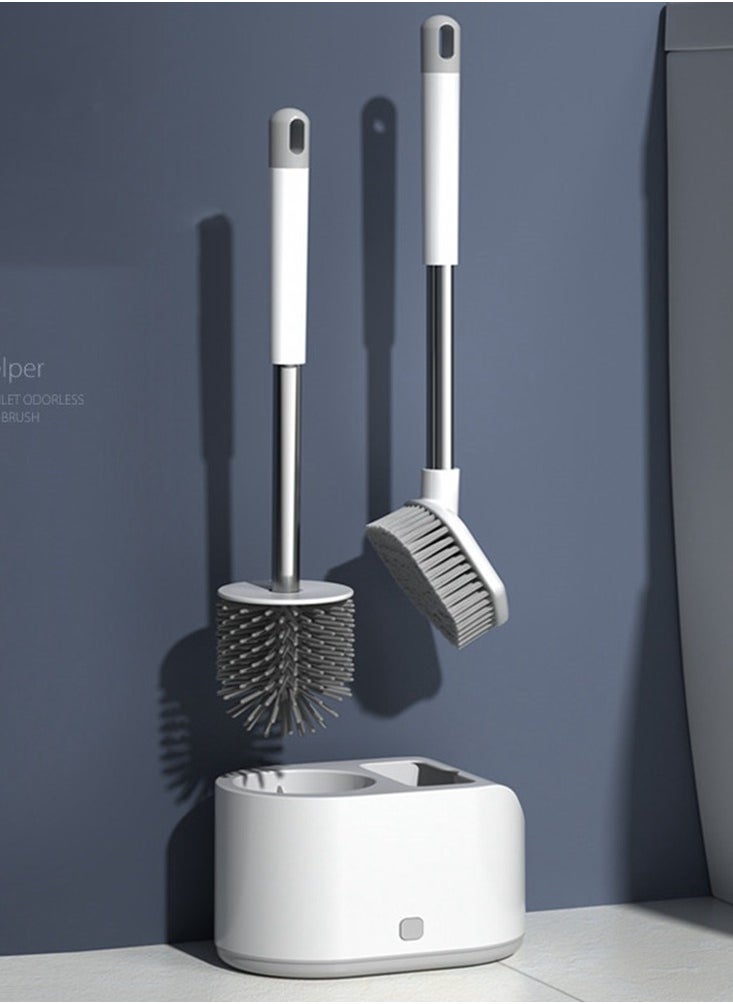 Silicone Toilet Brush and Holder with Bristle Scrubbers Set for Cleaning Bathroom Rust-free & Non-slip Long Handled Toilet Brush