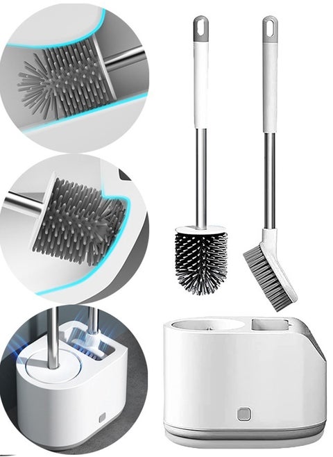 Silicone Toilet Brush and Holder with Bristle Scrubbers Set for Cleaning Bathroom Rust-free & Non-slip Long Handled Toilet Brush
